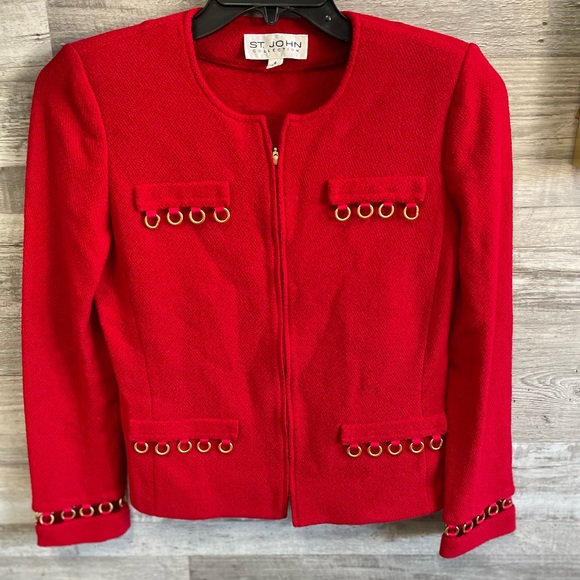 St. John collection vintage Red Jacket with Gold Accents sz 4 - Picture 2 of 6